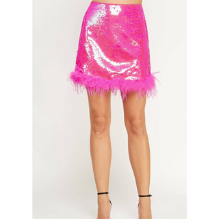 hot pink feather trim mini skirt with sequins