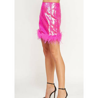 hot pink feather trim mini skirt with sequins
