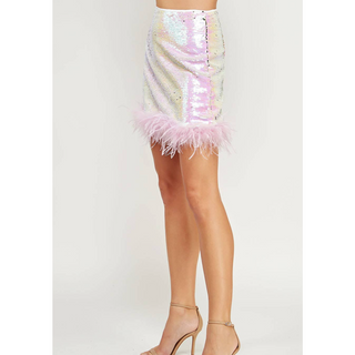 iridescent pink feather trim mini skirt with sequins
