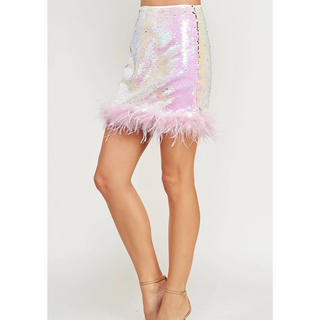 iridescent pink feather trim mini skirt with sequins