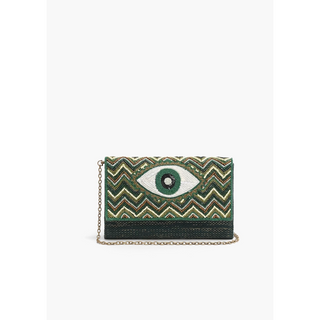 hand embroidered hand woven beaded evil eye clutch in evergreen