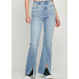 front slit flare bottom high waist stretchy medium wash jeans