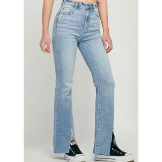 front slit flare bottom high waist stretchy medium wash jeans