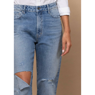 distressed knee high waist cotton jeans loose fit medium wash 