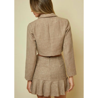 ruffle mini skirt and cropped blazer in tweed