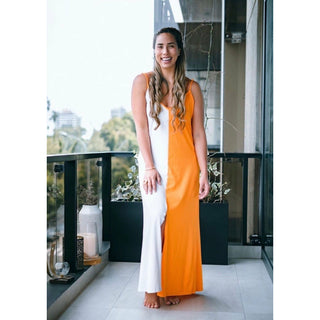 two color orange and white strappy maxi dress with slit at bottom for comfort