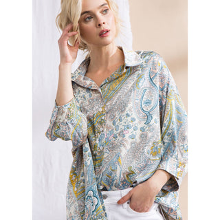 paisley print satin button down high low top with batwing sleeves