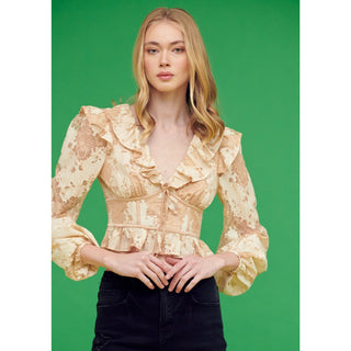 Lacey beige corset crop top long sleeves ruffles