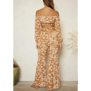 boho tie off shoulder top and matching tiered flow pants