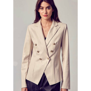 cream colored faux leather sharp lines blazer with gold buttons 